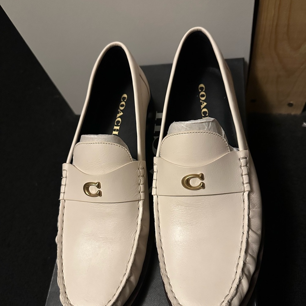 Coach Cream Loafers with Gold-Tone Hardware